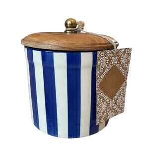 Hand Painted Striped Ceramic Canister w/ Wood Lid Made in India Blue Cream 5"